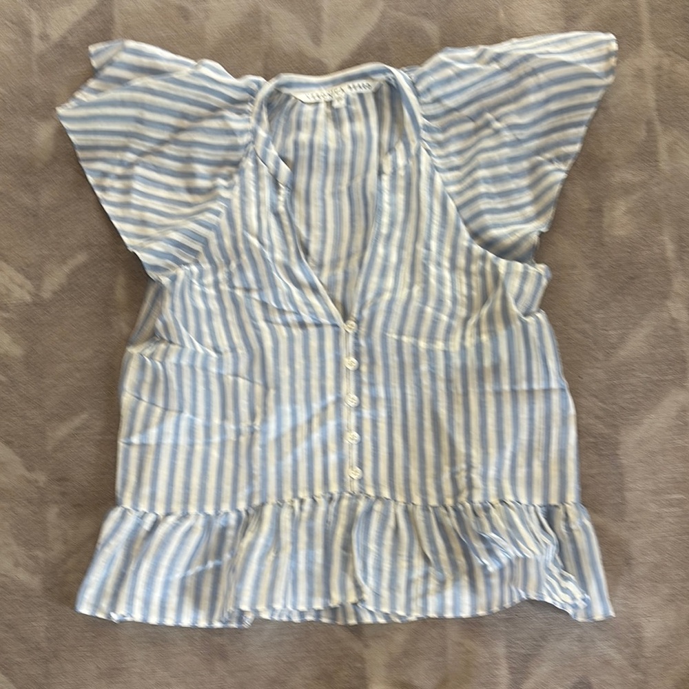 Veronica Beard Hilo Peplum Blue and White Striped Short Sleeve Blouse